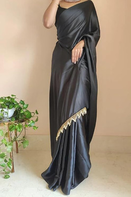 ICEBERGEXIM Solid/Plain Handloom Satin Saree(Black)
