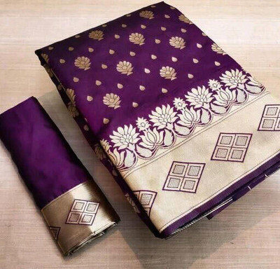 AD Saree Mall Solid/Plain Banarasi Silk Blend Saree(Purple)
