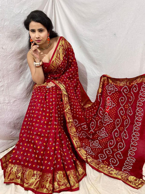 Sahjanandi Printed Bandhani Viscose Rayon, Art Silk Saree(Red)