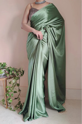 NJ FASHION Solid/Plain Bollywood Satin Saree(Light Green)