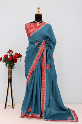AENIMATION Embroidered Bollywood Silk Blend Saree(Dark Green)