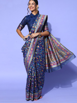 Divastri Floral Print Banarasi Silk Blend Saree(Dark Blue)