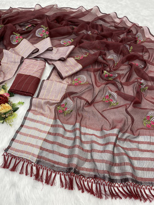 PIYA DESIGNER Embroidered Chettinadu Cotton Linen Saree(Brown)