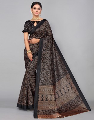 SIRIL Floral Print, Geometric Print, Printed Banarasi Cotton Silk, Silk Blend Saree(Black, Gold)