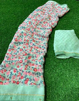 S.R.TEXTILES Floral Print Bollywood Georgette Saree(Light Green)