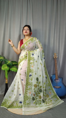 Rnn Saree Embroidered Jamdani Cotton Silk Saree(White, Dark Green)