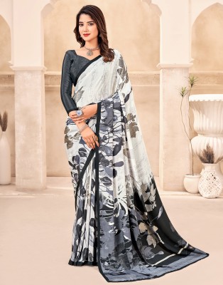 Samah Printed Bollywood Silk Blend, Crepe Saree(White, Black)