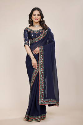 NAKSH CREATION Embroidered Bollywood Georgette Saree(Dark Blue)