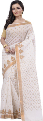 SRILOK Hand Painted Tant Pure Cotton Saree(Cream)
