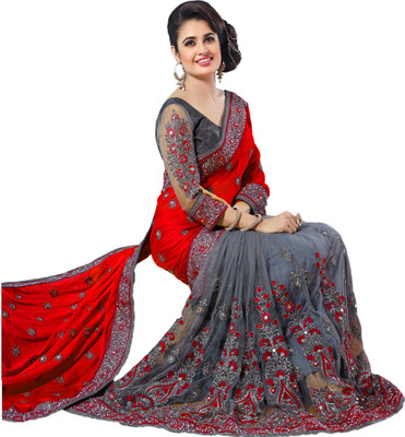 vaidehicreation Embroidered, Embellished Bollywood Net, Art Silk Saree(Red)