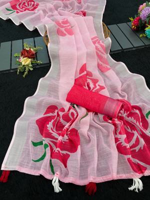 iHIYAzz ENTERPRISE Digital Print Banarasi Cotton Linen Saree(Pink)