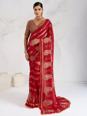 Sareemall Printed Hand Batik Georgette Saree(Red)