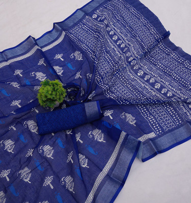 Soor Panchi Printed Bollywood Cotton Linen Saree(Multicolor)