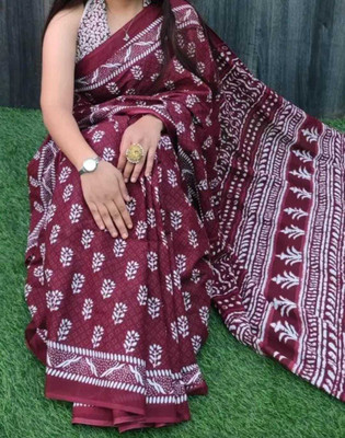 Shoploom Printed Handloom Pure Cotton Saree(Maroon)