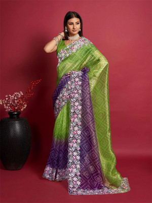 ANOUK Printed Saree with Attached Blouse Organza Saree(Green)