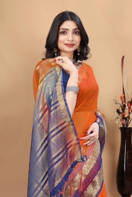 Aarunika Bhagwati Solid/Plain Bollywood Organza Saree(Orange)