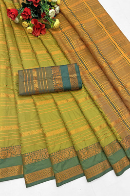 rangbhakti Woven Kanjivaram Silk Blend, Chiffon Saree(Mustard, Dark Green)