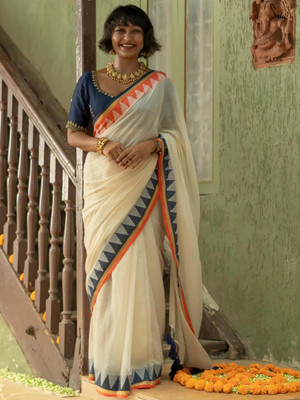 JHIILU Woven, Solid/Plain Handloom Cotton Blend Saree(White)