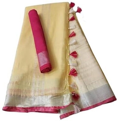 Aamir Fashion Textile Solid/Plain Bhagalpuri Handloom Cotton Linen Saree(Cream)