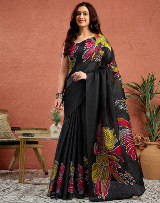 SIRIL Floral Print, Printed Daily Wear Khadi Saree(Black)