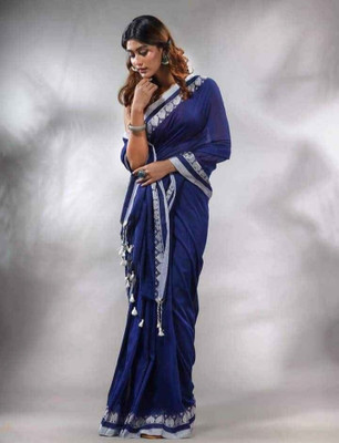 Balika bodhu Solid/Plain Handloom Handloom Pure Cotton Saree(Blue)