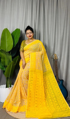 Revival Woven Jamdani Cotton Blend Saree(Yellow)