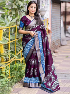 Anouk Rustic Printed Daily Wear Silk Blend Saree(Purple)