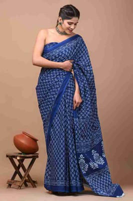 Handprinted Printed Daily Wear Cotton Blend Saree(Dark Blue)