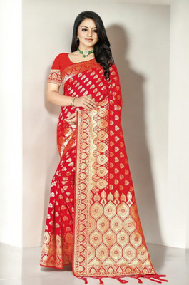 Pikham Self Design Banarasi Art Silk Saree(Red)