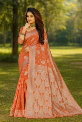Saadhvi Woven Banarasi Cotton Blend Saree(Orange)