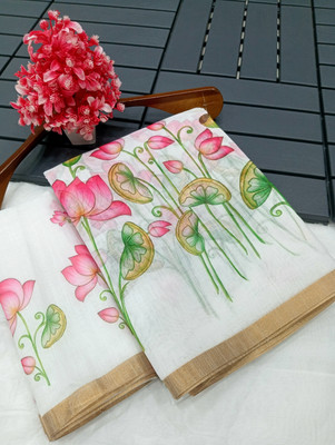DEVICE of NT Floral Print Kanjivaram Pure Cotton, Cotton Linen Saree(White)