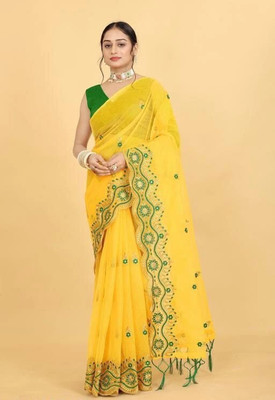 SHREEJITREND Embroidered Ikkat Net, Cotton Silk Saree(Yellow)
