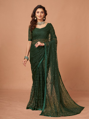 Kavish Enterprise Self Design Bollywood Net Saree(Dark Green)