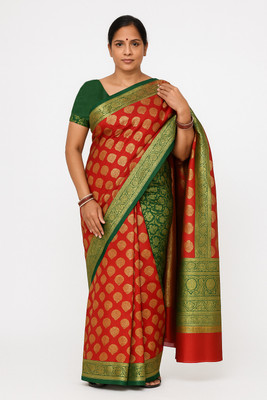 PIXOLOCART Woven Banarasi Handloom Pure Silk Saree(Dark Green)