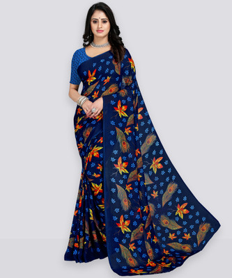 Anand Sarees Printed, Paisley, Floral Print Daily Wear Georgette Saree(Dark Blue)