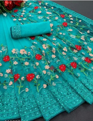 GEZREL Embroidered Leheria Net Saree(Multicolor)