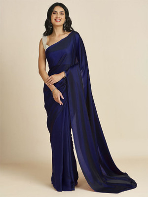 Sonika Solid/Plain Bollywood Silk Blend Saree(Dark Blue)