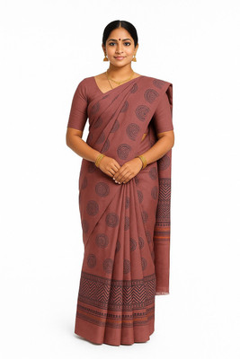 SGE Geometric Print, Printed, Embellished Chinnalapattu Cotton Blend Saree(Brown)