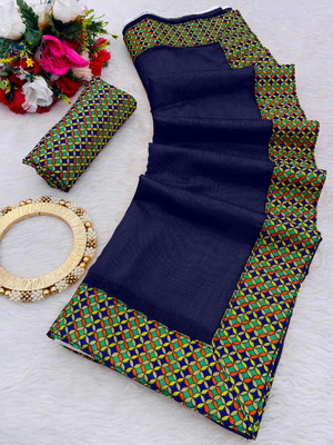 manish Solid/Plain, Printed Ikkat Chanderi, Cotton Blend Saree(Dark Blue)