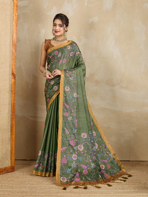 RekhaManiyar Self Design Saree with Attached Blouse Silk Blend Saree(Green)