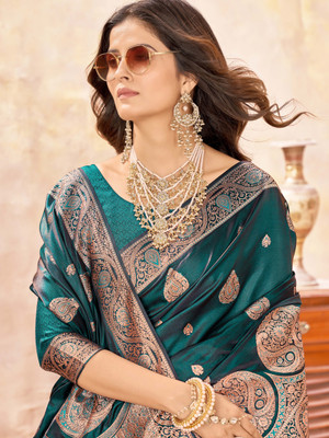 Valley Printed Banarasi Silk Blend Saree(Black, Green)
