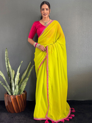 Brahmani Creation Embellished Bollywood Georgette Saree(Yellow)