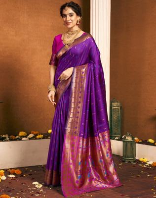 Divastri Woven, Embellished Paithani Silk Blend, Jacquard Saree(Purple)