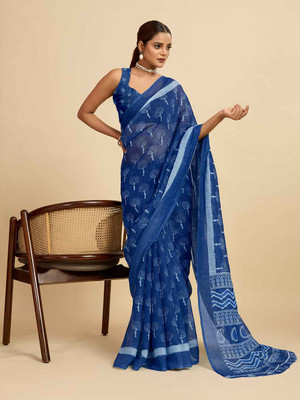 VAASTRAKALA Digital Print Bollywood Cotton Linen Saree(Blue)