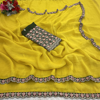 K 5 FASHION Embroidered Bollywood Chiffon Saree(Yellow)