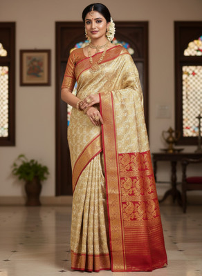 Afronza Woven, Applique, Self Design Garad Pure Silk, Silk Blend Saree(White, Red)