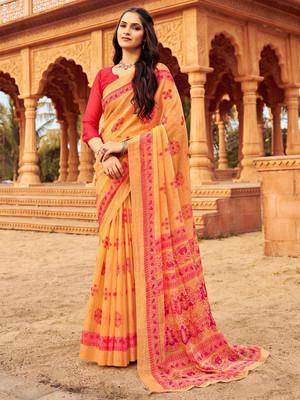 ANOUK Printed Baluchari Pure Silk Saree(Orange)