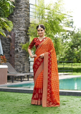 RekhaManiyar Printed Bandhani Georgette Saree(Orange)