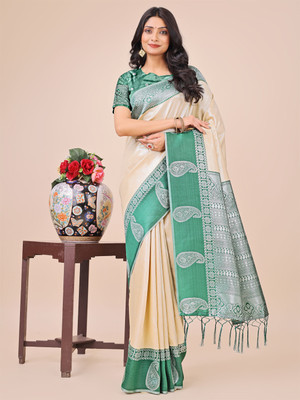 Tasrika Woven Banarasi Cotton Silk Saree(Cream)