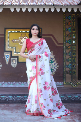 Moksha trends Floral Print Banarasi Cotton Linen Saree(Red)